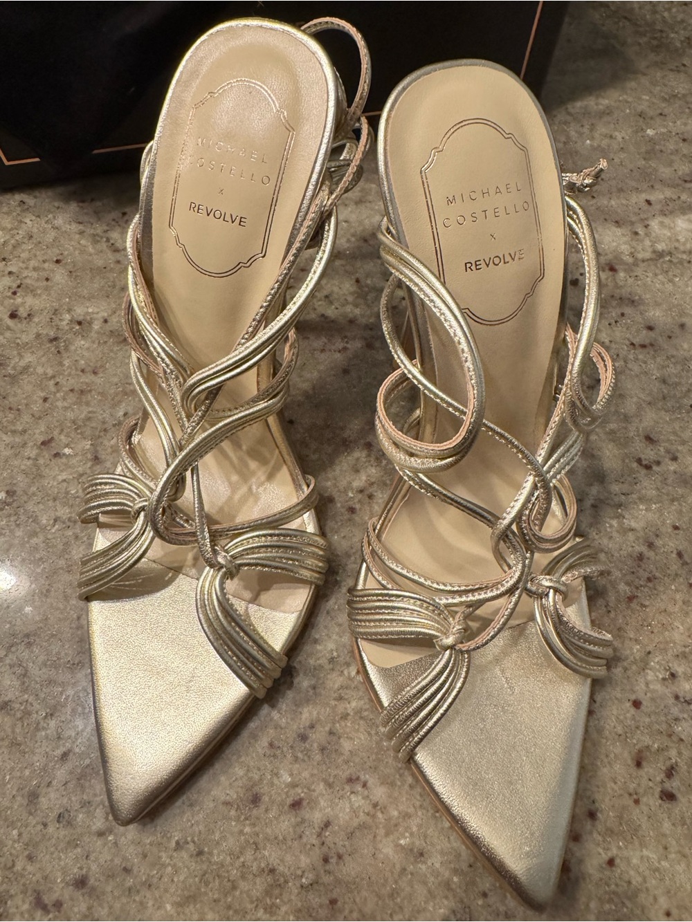 REVOLVE Gold Strappy Pointed-Toe Heels